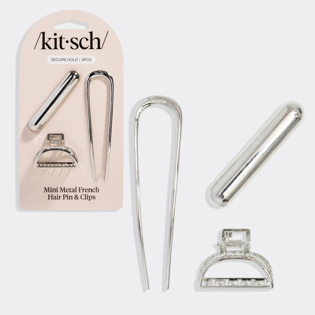 Kitsch Mini Metal French Hair Pin &amp; Clips 3pc Set - Silver