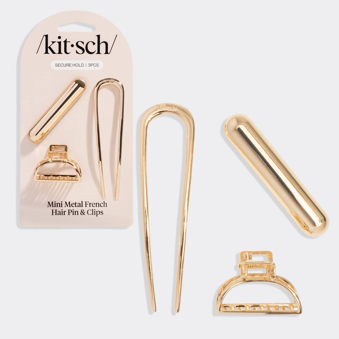 Kitsch Mini Metal French Hair Pin &amp; Clips 3pc Set - Gold