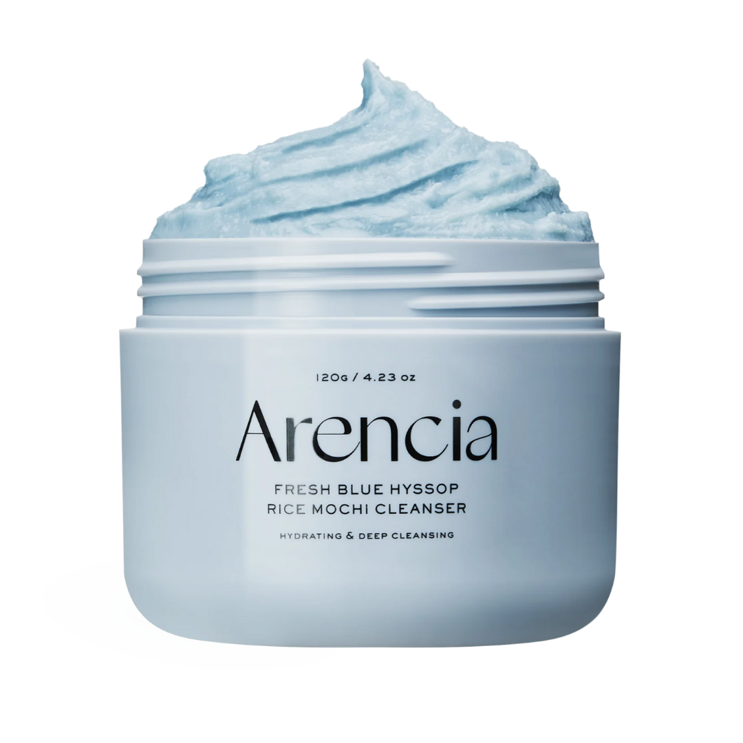 Jar of Arencia Fresh Blue Hyssop Rice Mochi Cleanser with blue cream on a white background