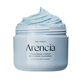 Jar of Arencia Fresh Blue Hyssop Rice Mochi Cleanser with blue cream on a white background
