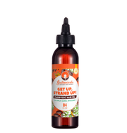 A bottle of Soultanicals Get Up, Strand Up Caribvedic Hair Oil with a label featuring a colorful design and text indicating the product is a hair oil.
