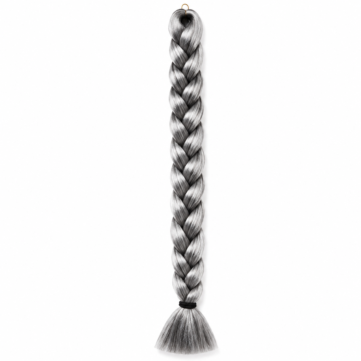 grey 44 long synthetic braiding hair extension in a neat three-strand braid with a smooth tassel end secured by a black elastic band, isolated on a clean white background