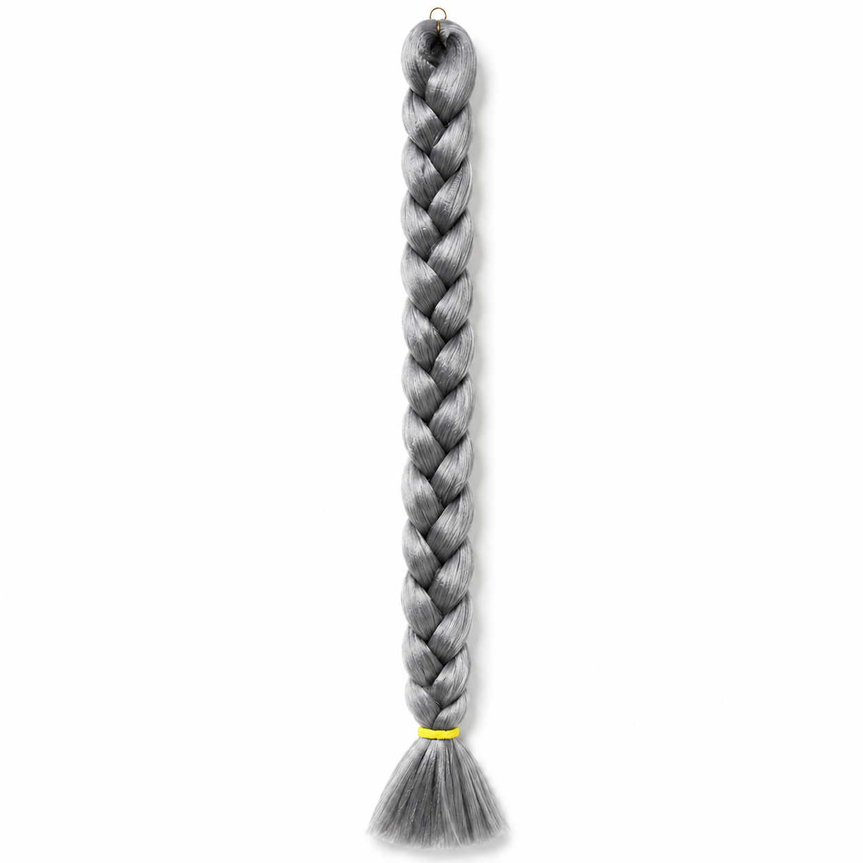 grey 51 long synthetic braiding hair extension in a neat three-strand braid with a smooth tassel end secured by a yellow elastic band, isolated on a clean white background