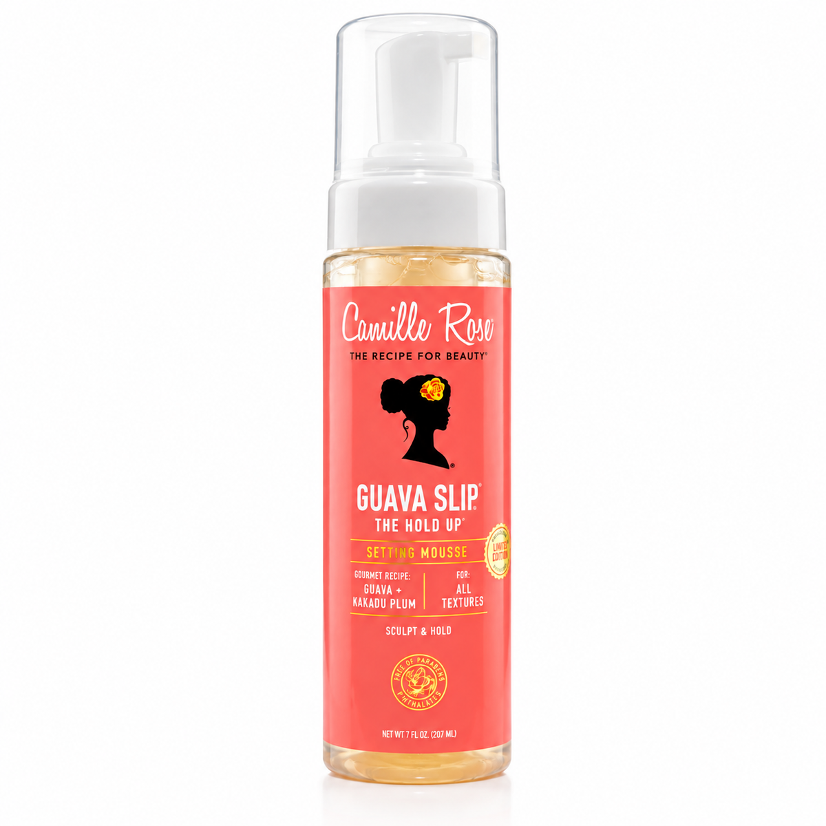 Camille Rose Guava Slip Sealing Mousse in a clear pump bottle with a coral pink label, shown on a white background.
