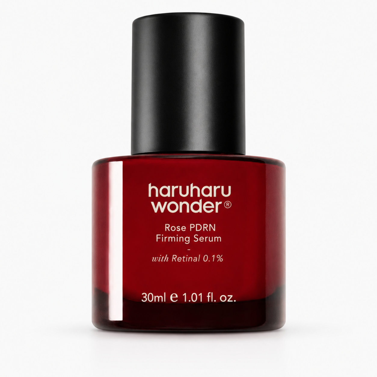 haruharu wonder rose pdrn firming serum with retinal 0.1% in a deep red glass bottle with a matte black cap, 30ml, on a white background
