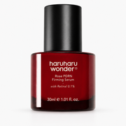 haruharu wonder rose pdrn firming serum with retinal 0.1% in a deep red glass bottle with a matte black cap, 30ml, on a white background
