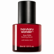 haruharu wonder rose pdrn soothing serum with azelaic acid in a deep red glass bottle with a matte black cap, 30ml, front-facing on a white background