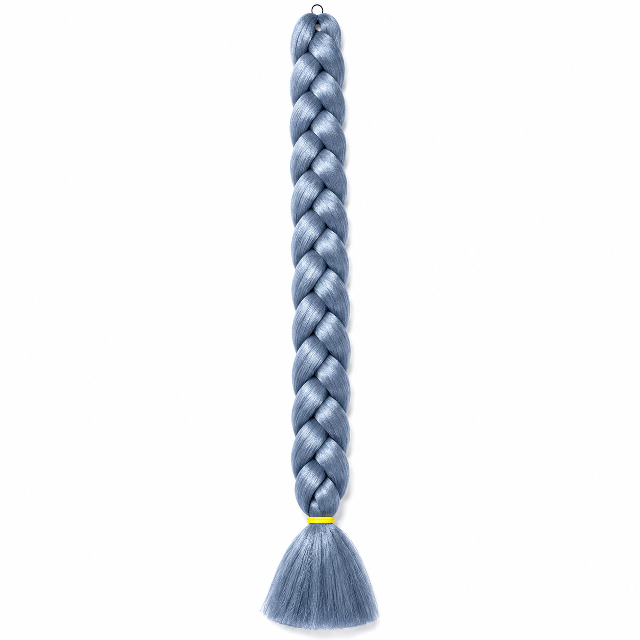horizon long synthetic braiding hair extension in a neat three-strand braid with a smooth tassel end secured by a yellow elastic band, isolated on a clean white background