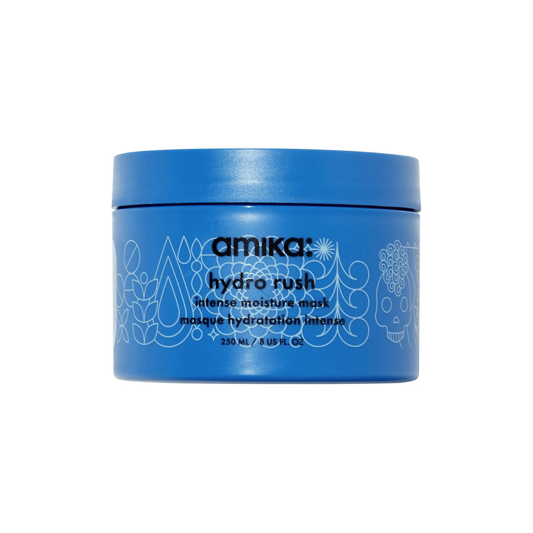 A blue jar of Amika Hydro Rush Intense Hydration Mask, 250ml.