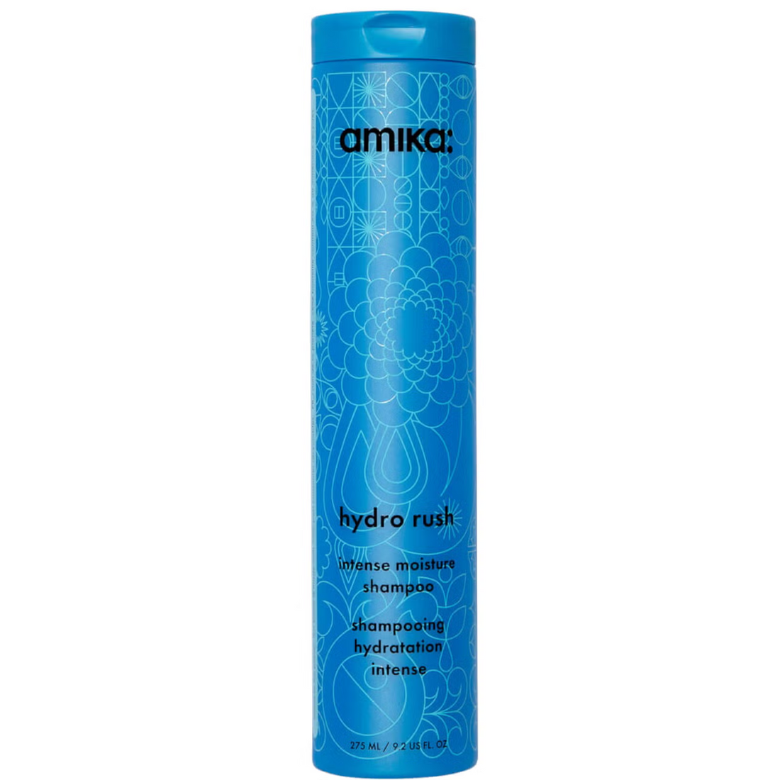 A blue bottle of Amika Hydro Rush Intense Moisture Shampoo with a geometric pattern design.