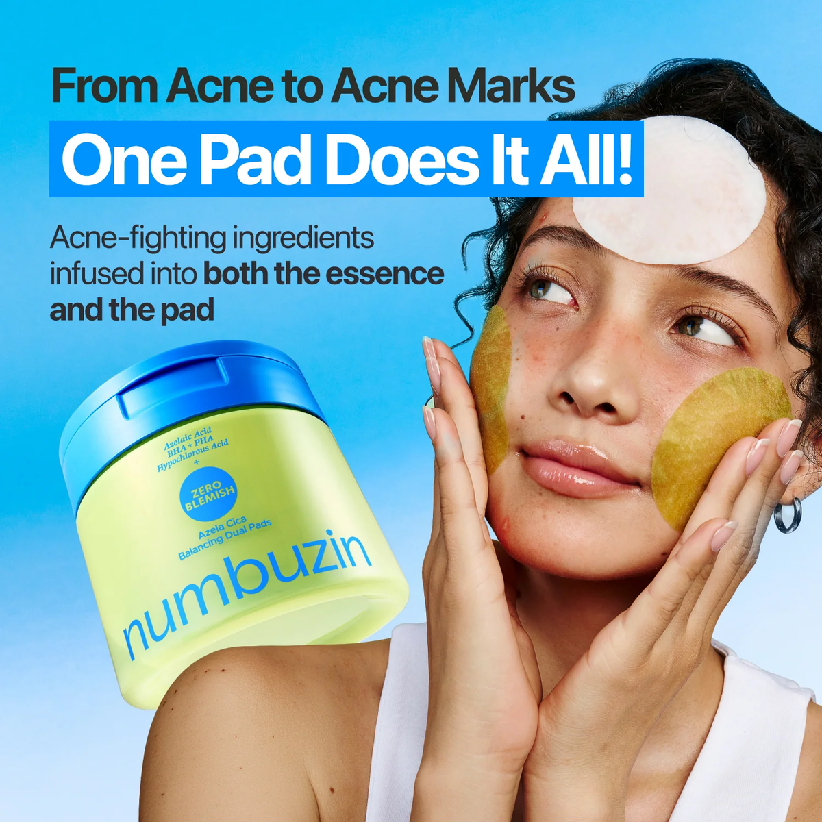 Numbuzin Zero Blemish Azela Cica Balancing Dual Pads 210ml/60pads from acne to acne marks, one pad does it all, acne fighting ingredients infused into both the essence and the pad 