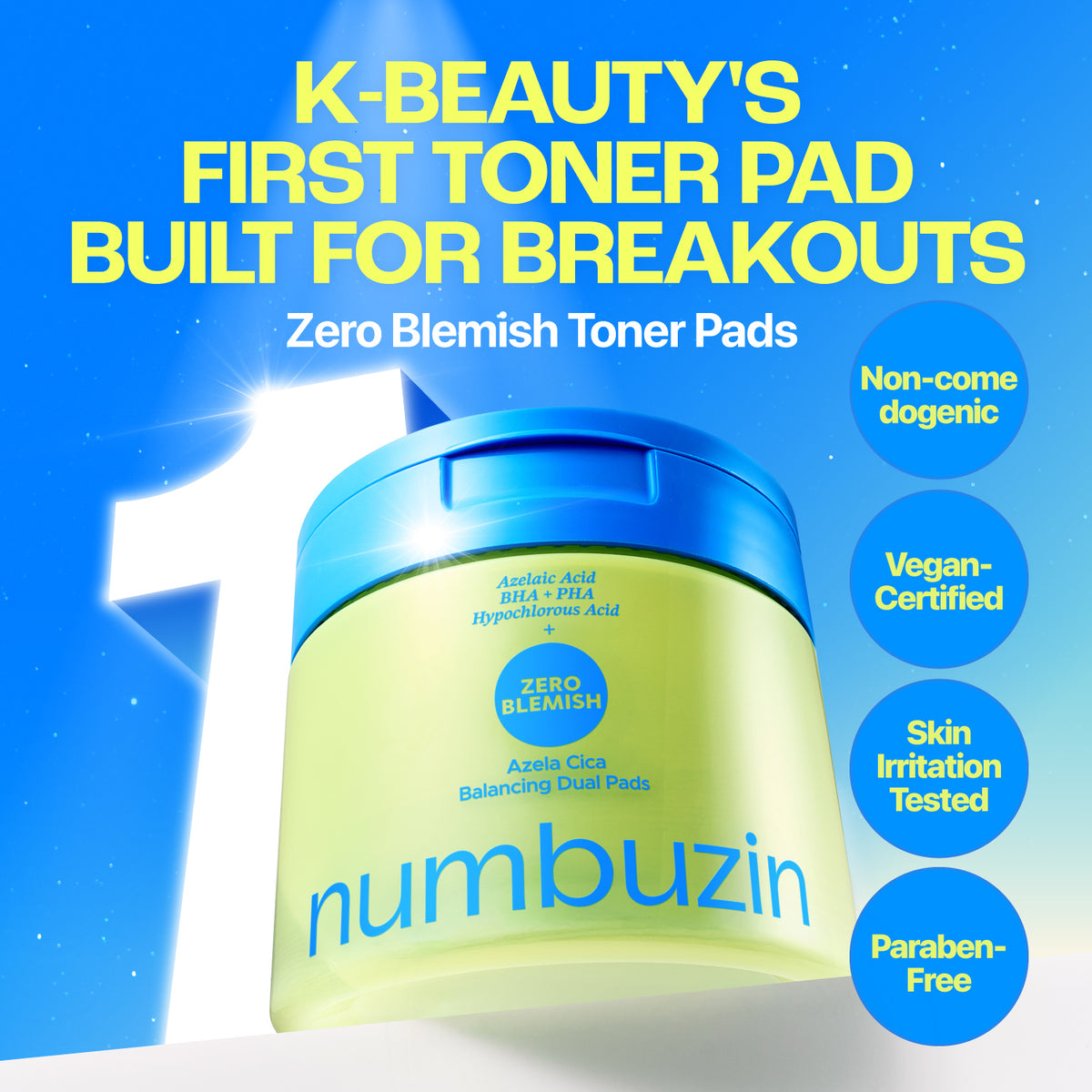 Numbuzin Zero Blemish Azela Cica Balancing Dual Pads 210ml/60pads k beauty's first toner pad built for breakouts non comedogenic, vegan certified, skin irritation tested, paragon free 