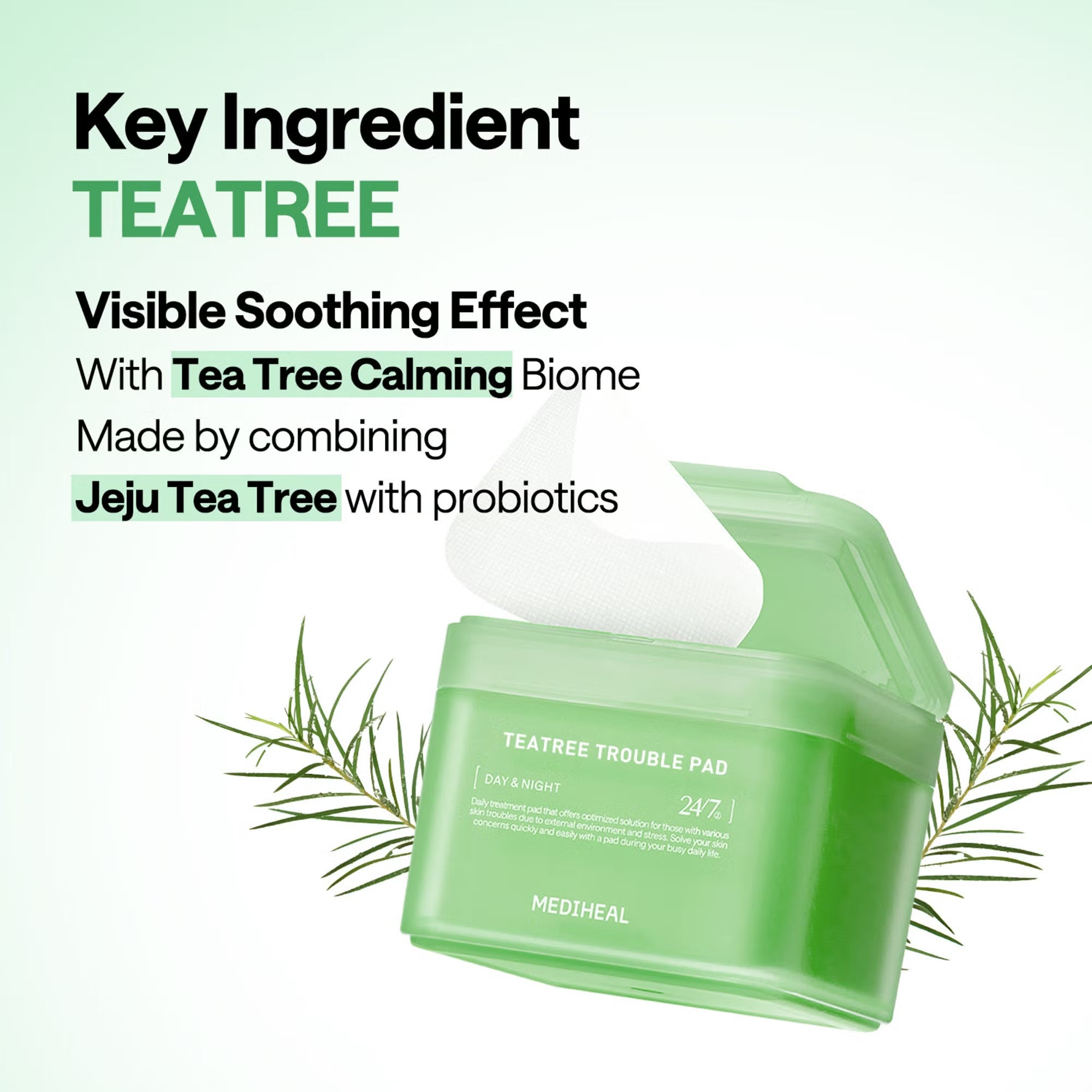 MEDIHEAL Teatree Trouble Pads 100 Pads key ingredients infographic