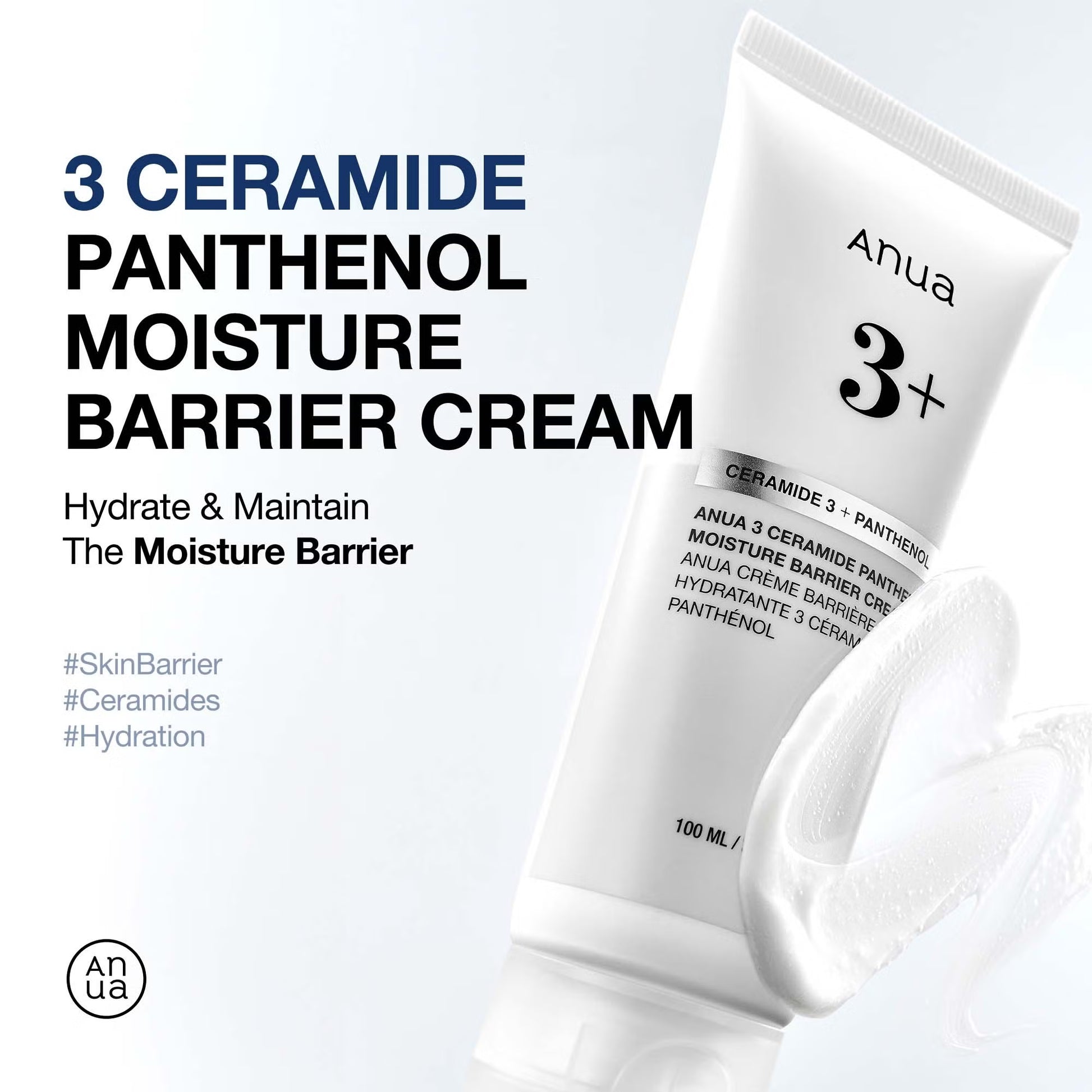 Anua 3 Ceramide Panthenol Moisture Barrier Cream 100ml 3 ceramide moisture barrier cream, tube and texture on white background