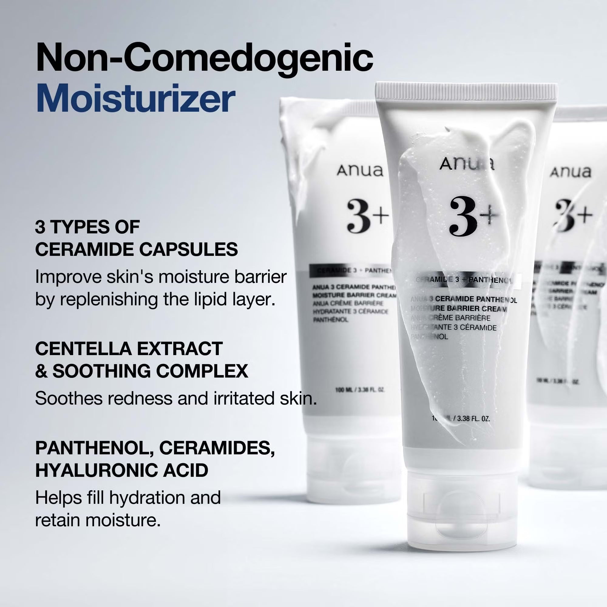 Anua 3 Ceramide Panthenol Moisture Barrier Cream 100ml non comedogenic moisturiser, 3 types of ceramide capsures, centella soothing complex, fill hydration and retain moisture 