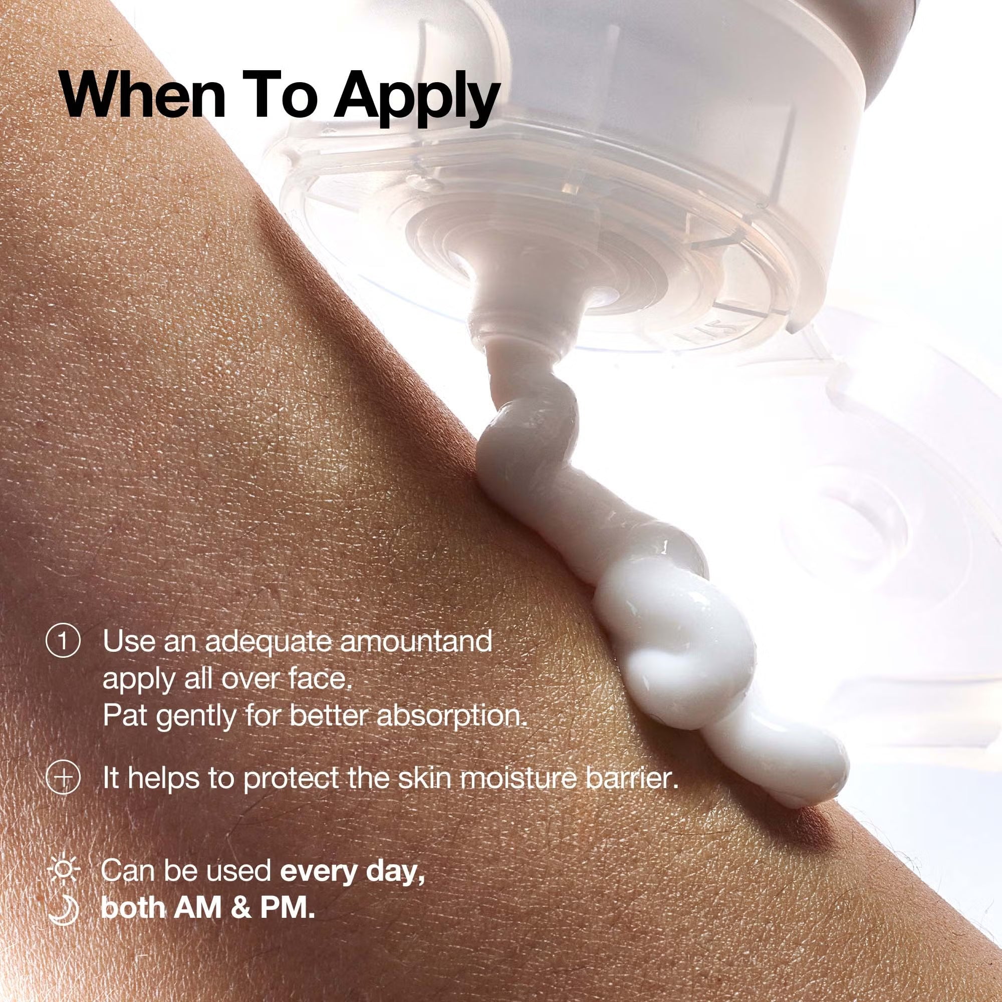 Anua 3 Ceramide Panthenol Moisture Barrier Cream 100ml when to apply, skin and texture shot 