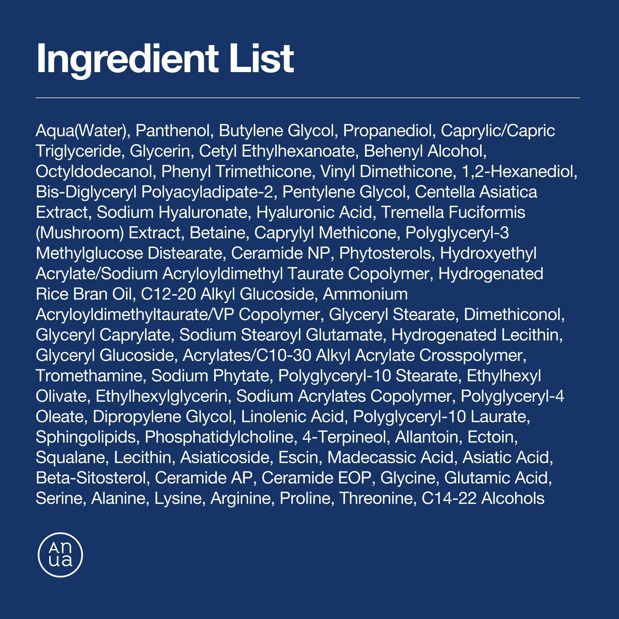 Anua 3 Ceramide Panthenol Moisture Barrier Cream 100ml ingredient list in white text, on dark blue background 
