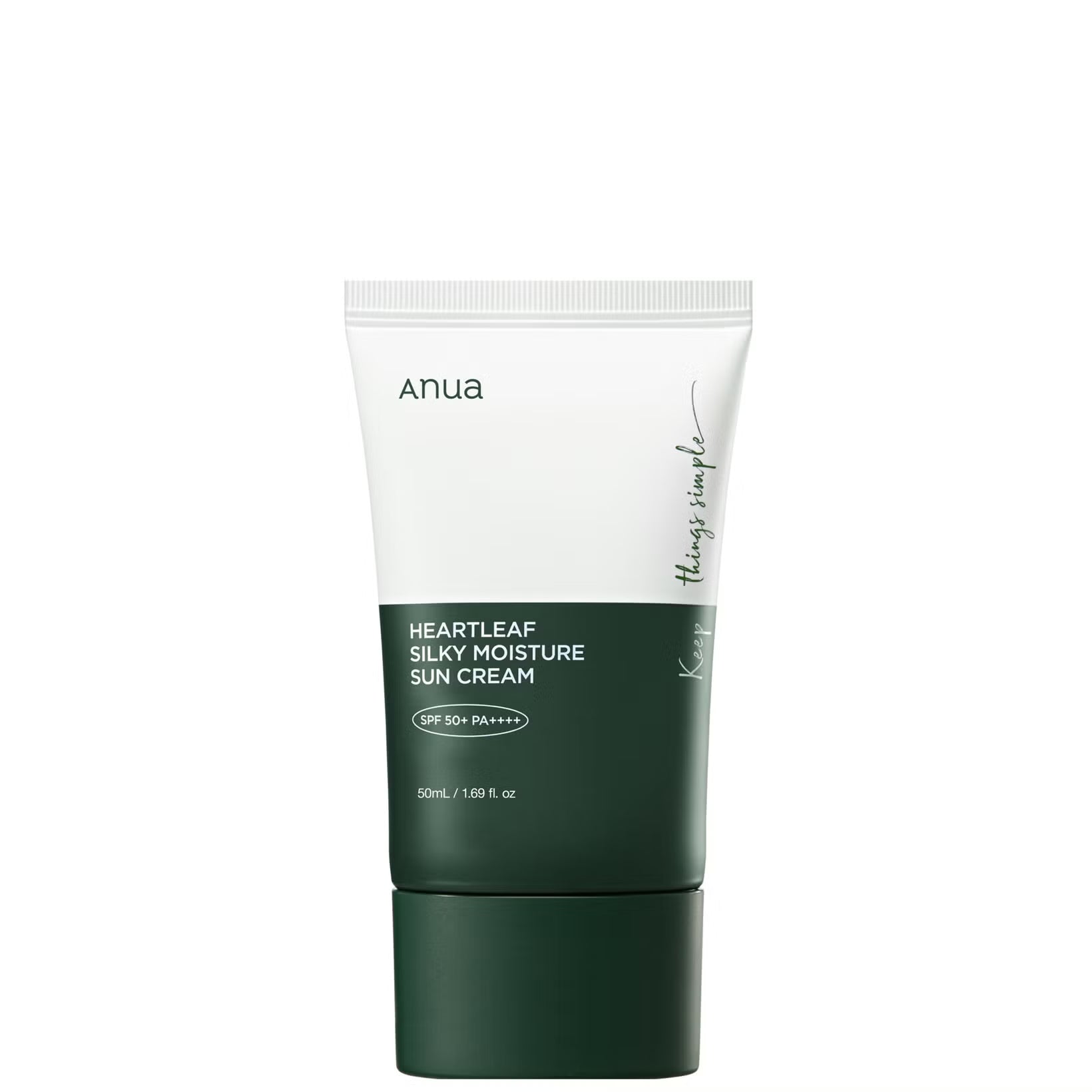 Tube of Anua Heartleaf Silky Moisture Sun Cream on a white background