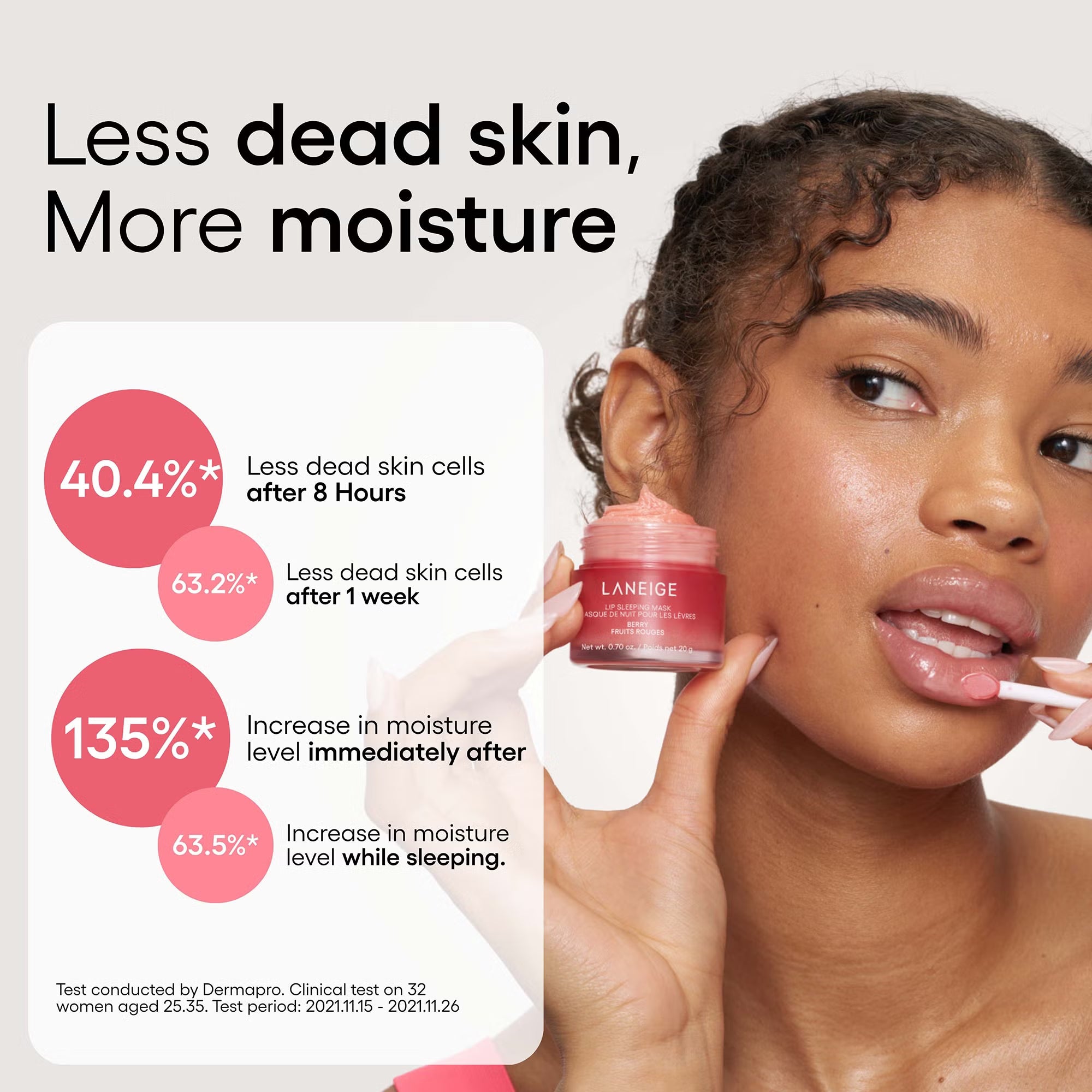 Woman holding a Laneige skincare product with text on skin benefits