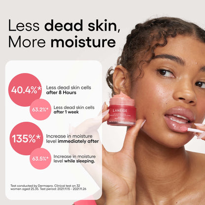Woman holding a Laneige skincare product with text on skin benefits