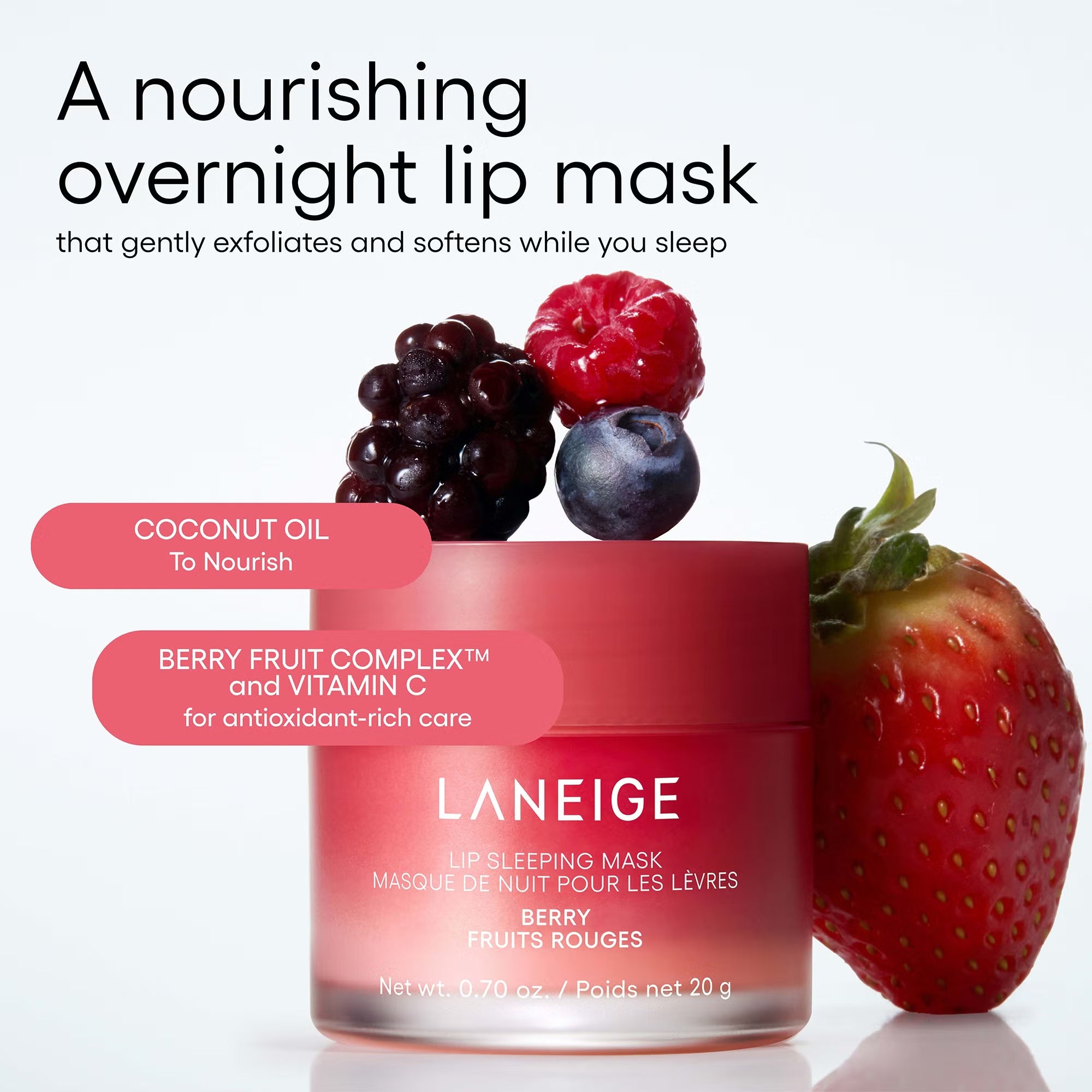Laneige berry fruit lip sleeping mask with berries on a white background