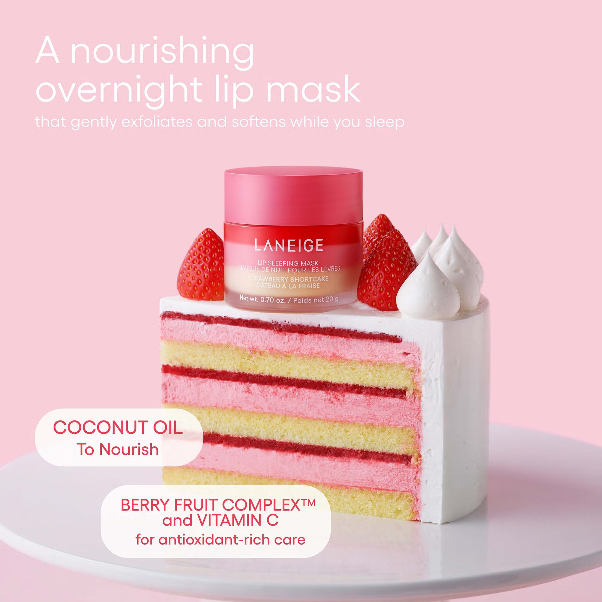 Laneige lip mask with a slice of layered cake on a pink background