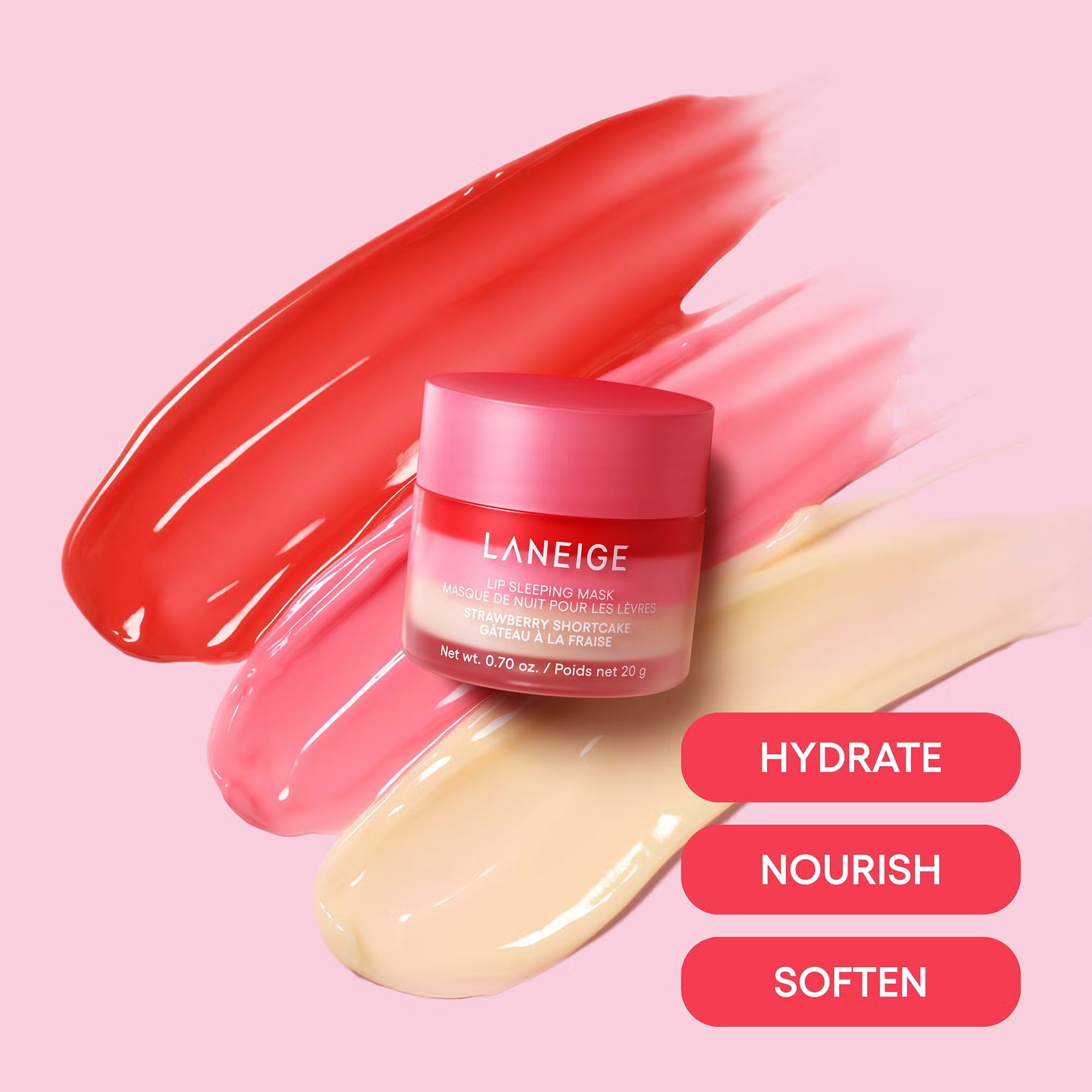 Laneige product jar with color swatches on a pink background