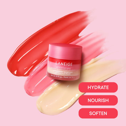 Laneige product jar with color swatches on a pink background