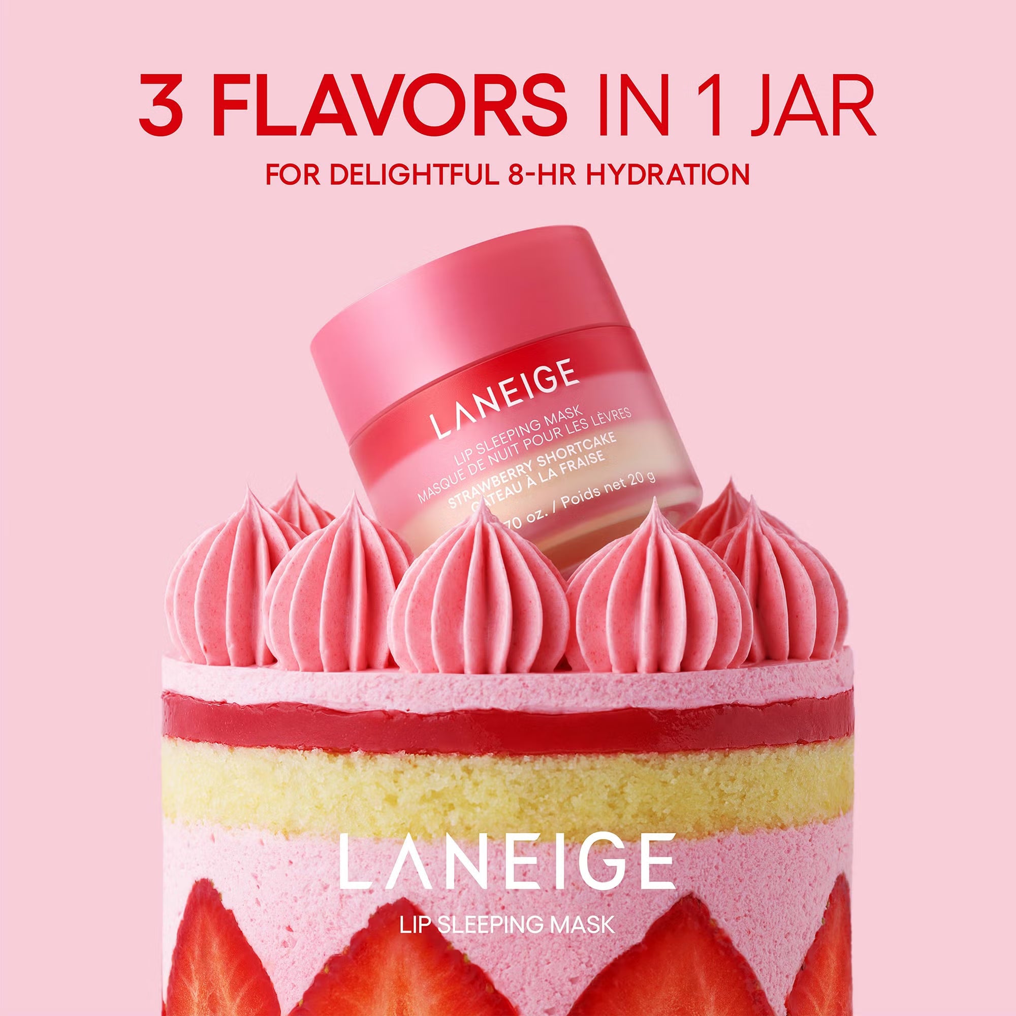 Laneige lip sleeping mask with strawberry design on a pink background
