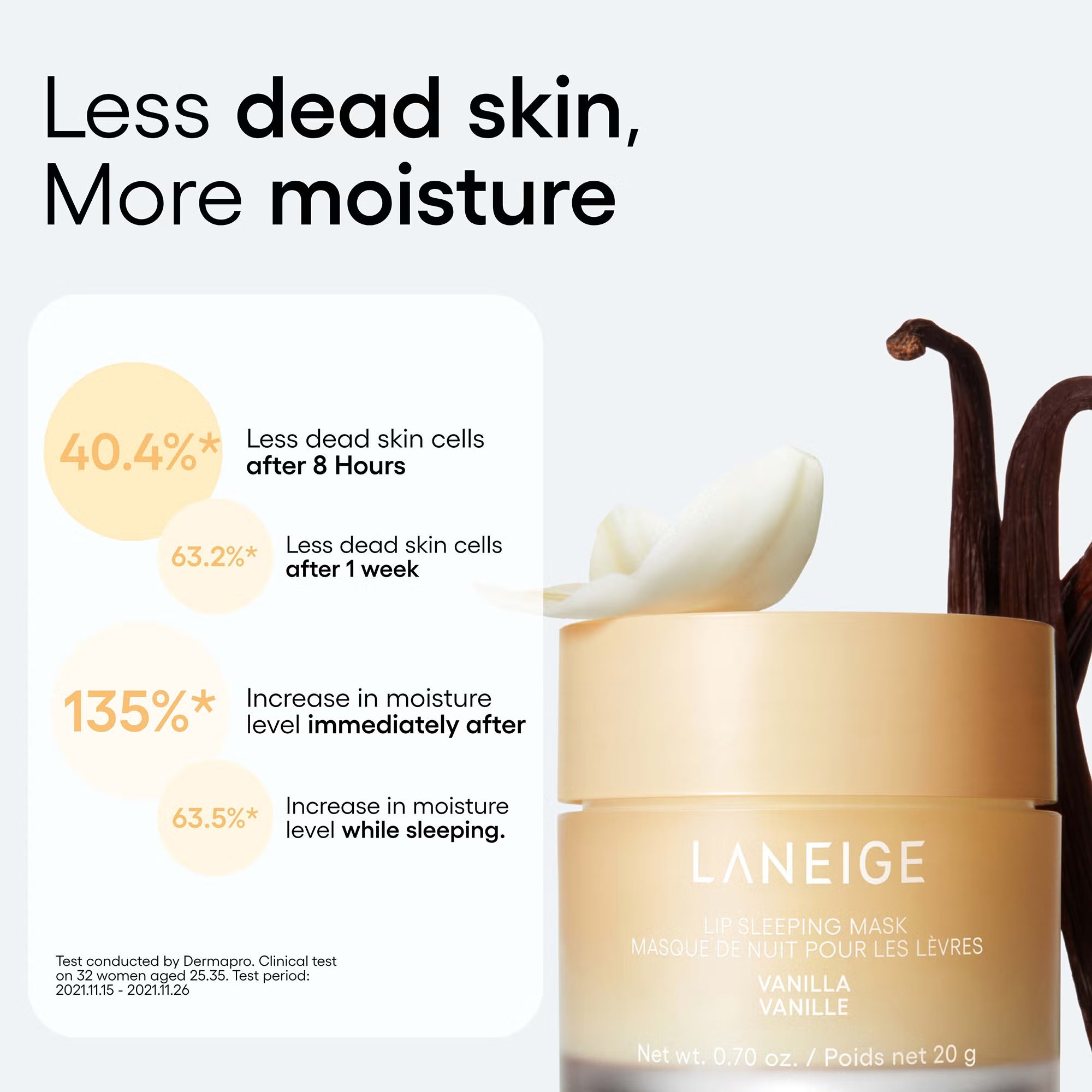 Laneige lip mask with vanilla flavor, showing product and benefits on a white background