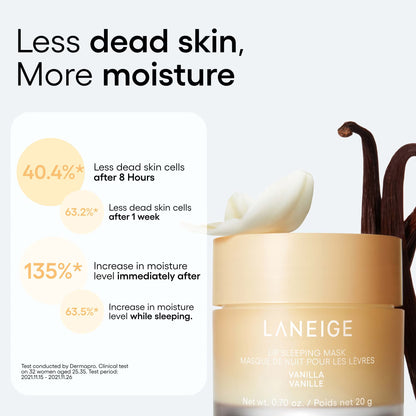 Laneige lip mask with vanilla flavor, showing product and benefits on a white background