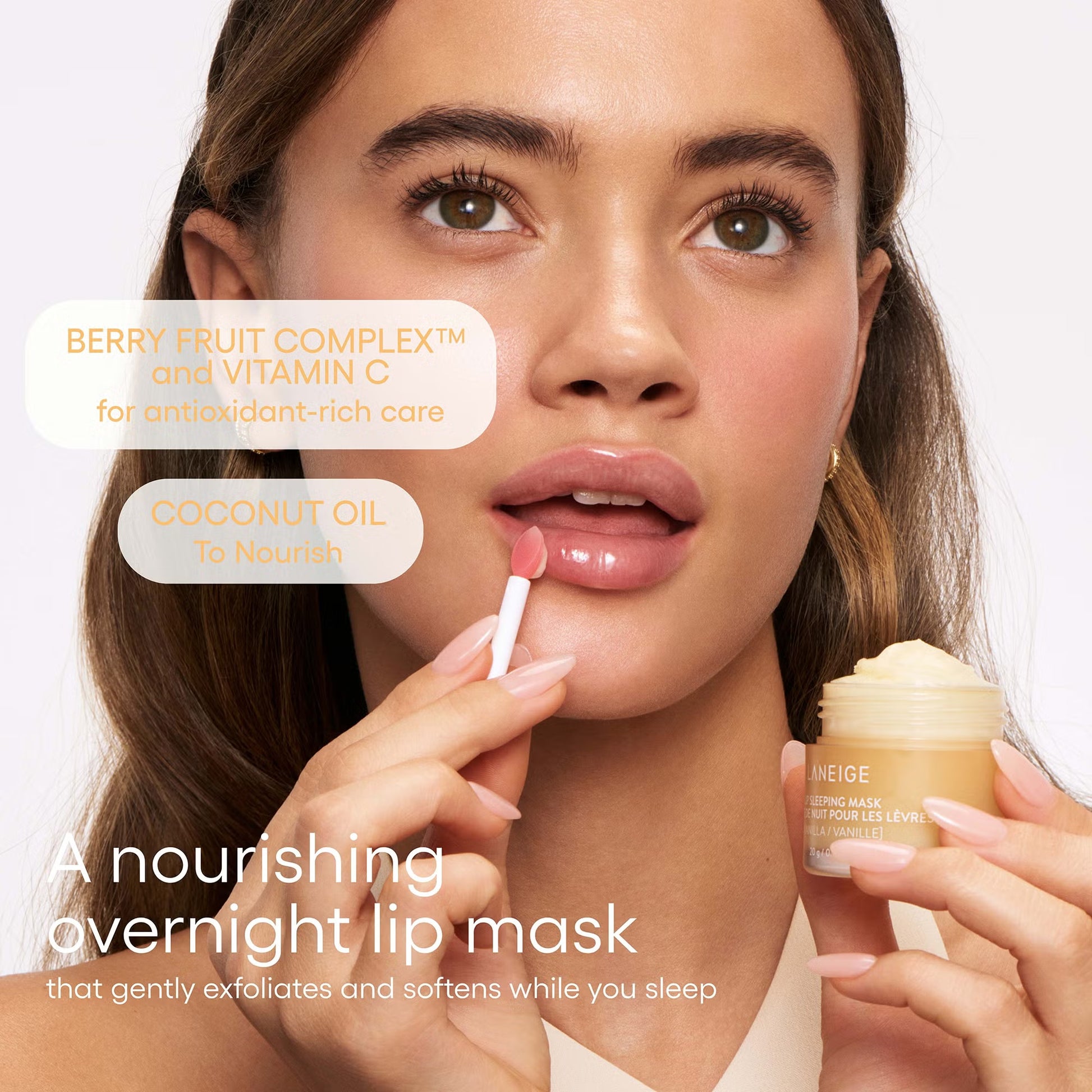 Woman applying lip mask with text highlighting ingredients and benefits