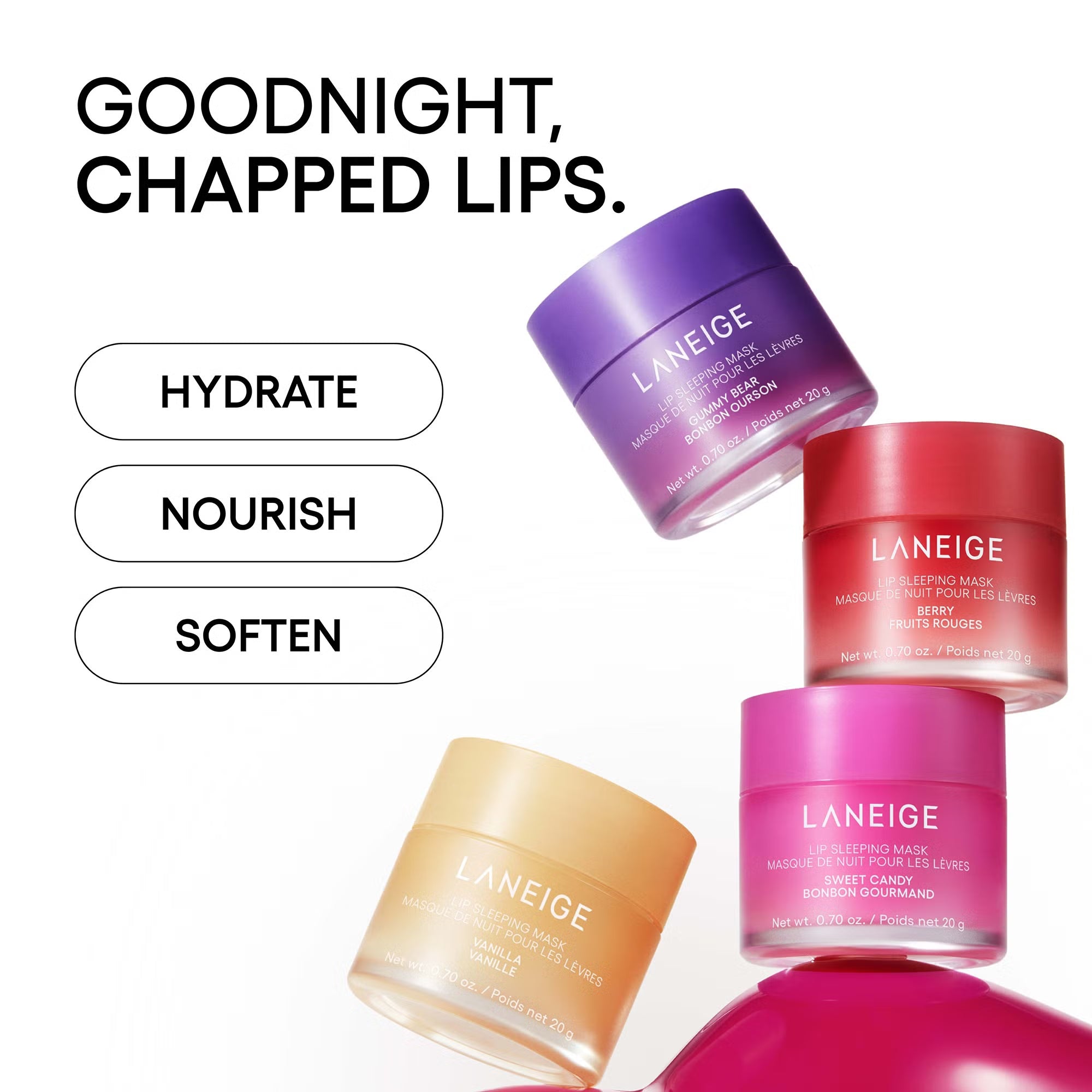 Laneige lip masks with text highlighting benefits on a white background