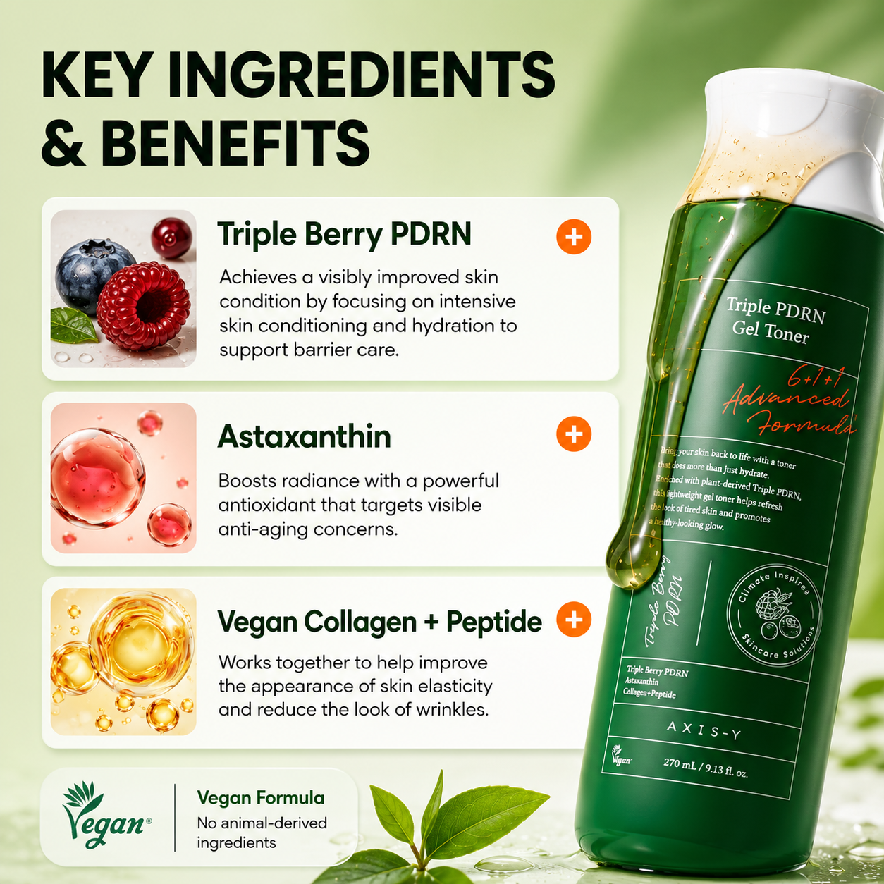 key ingredients & benefits infographic for the axis-y triple pdrn gel toner featuring triple berry pdrn, astaxanthin, and vegan collagen + peptide. includes ingredient images, a 270ml toner bottle, benefit descriptions highlighting hydration, skin barrier support, radiance, elasticity, and anti-ageing care, plus a vegan formula badge indicating no animal-derived ingredients.