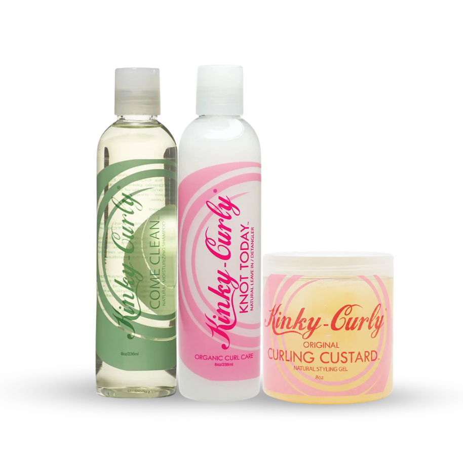 Three haircare products from Kinky-Curly are displayed on a white background: a clear bottle of Come Clean, a white bottle of Knot Today and a tub of Original Curling Custard.