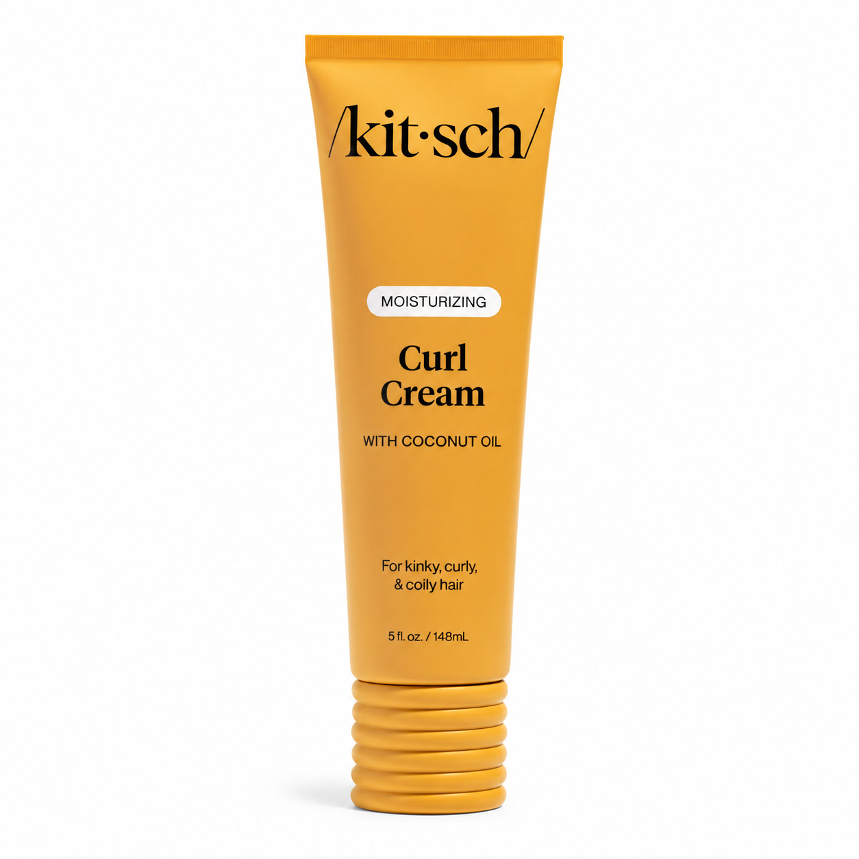A tube of Kitsch Curl Cream moisturizing hair product in a bright yellow-orange color, featuring black text and a ribbed screw cap, set against a plain white background.