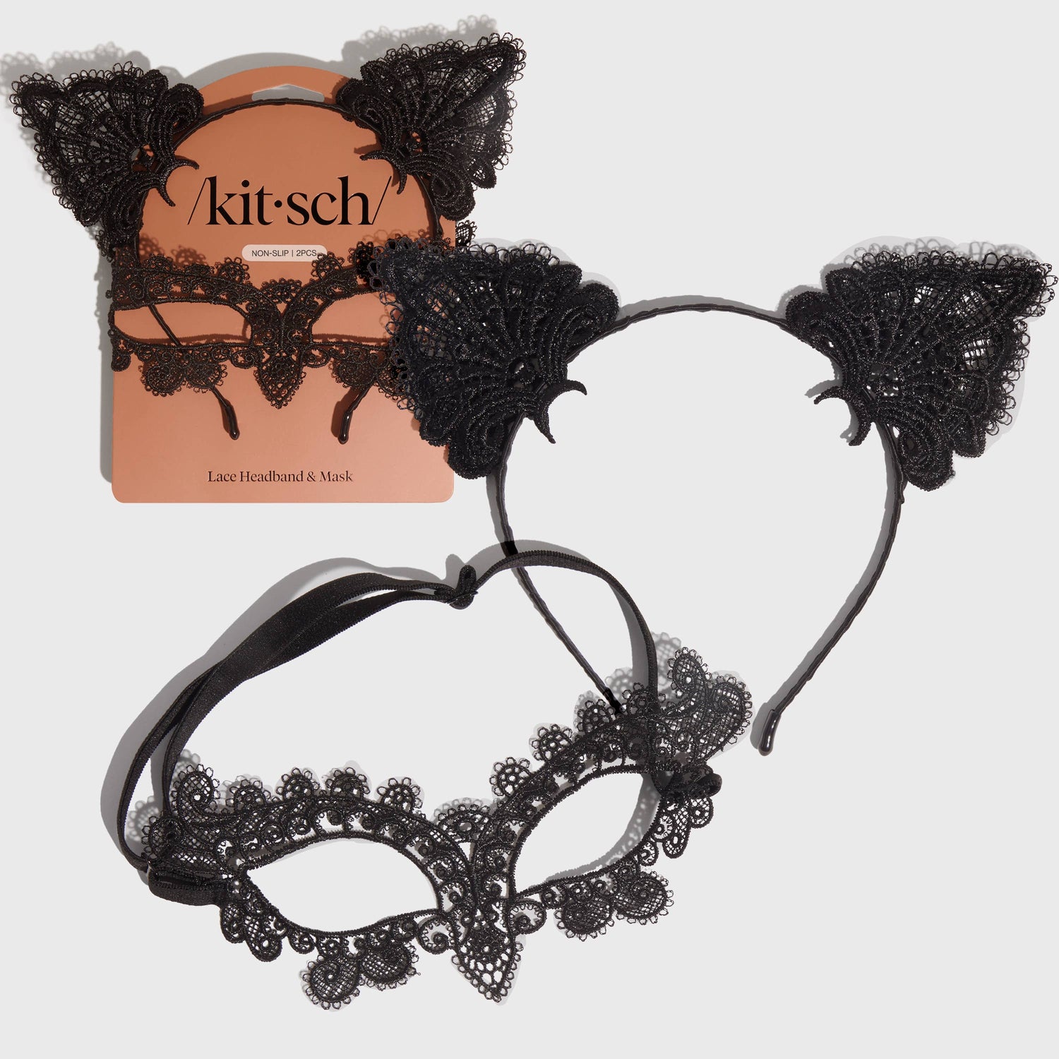 Black lace headband and mask set with &