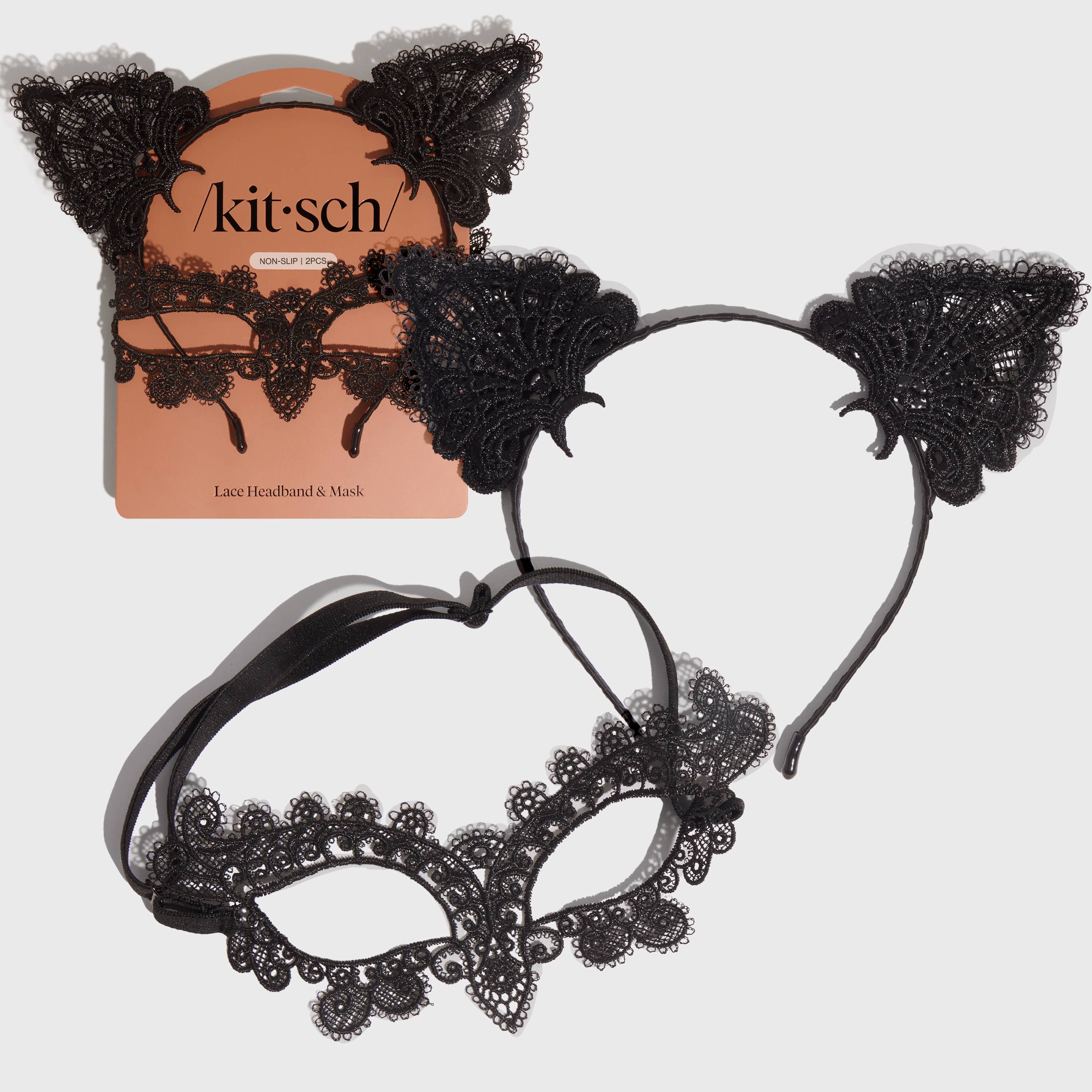 Black lace headband and mask set with &