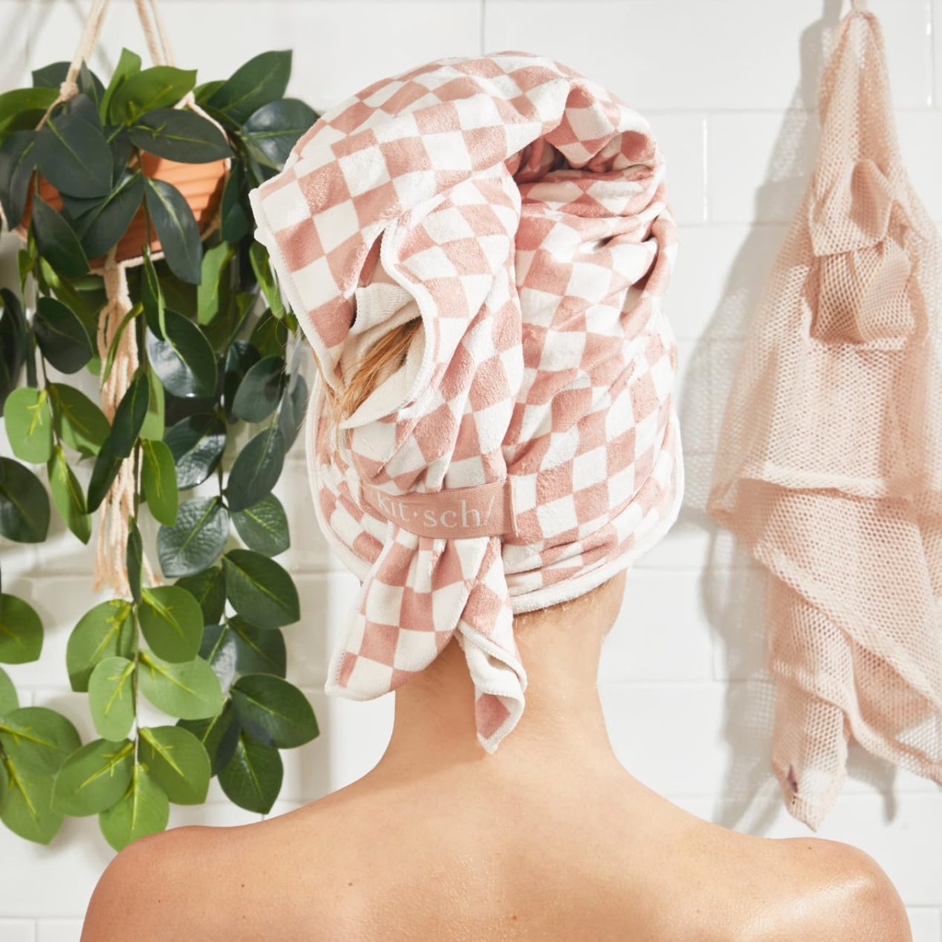 Kitsch XL Quick-Dry Hair Towel Wrap- Terracotta Checker