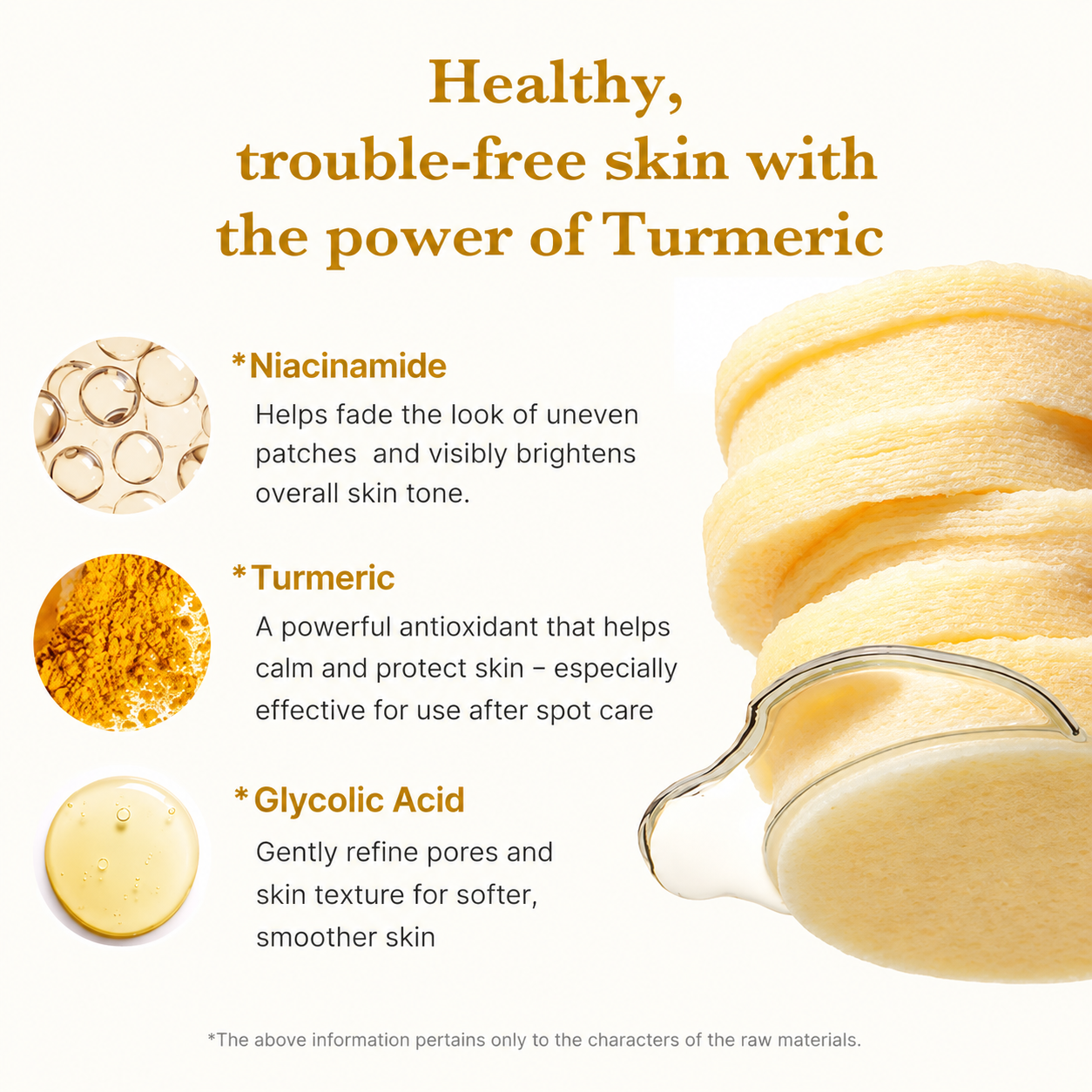 infographic highlighting niacinamide, turmeric, and glycolic acid benefits alongside stacked exfoliating toner pads soaked in serum for brighter, smoother-looking skin