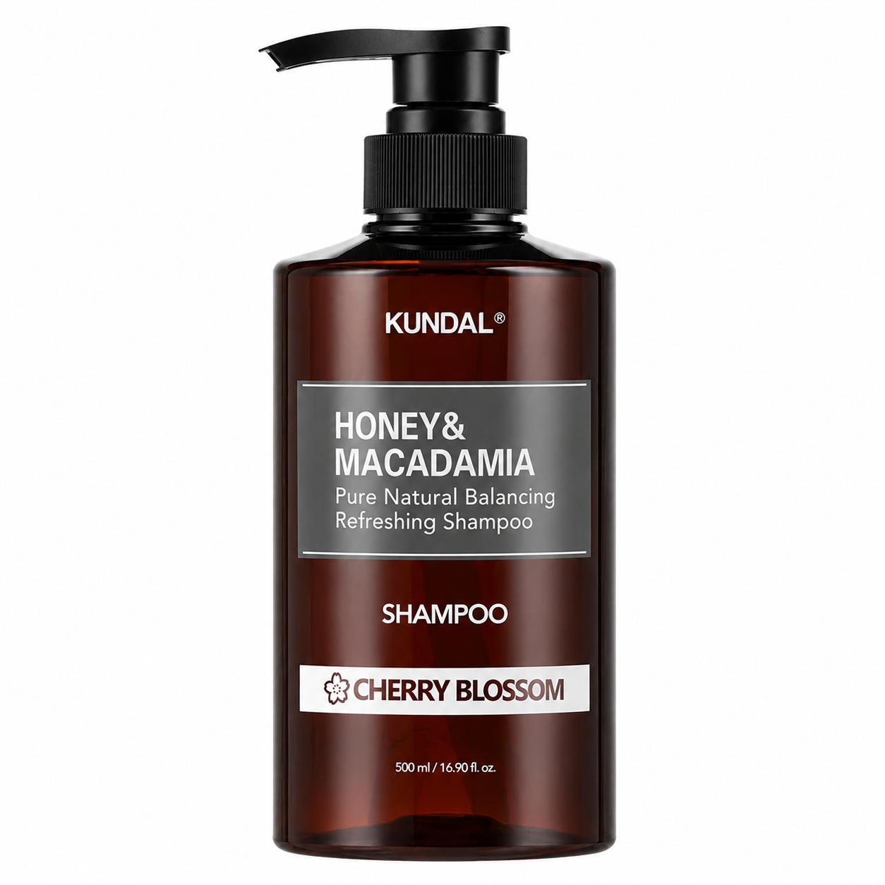 kundal honey & macadamia pure natural balancing refreshing shampoo cherry blossom 500ml pump bottle on a white background