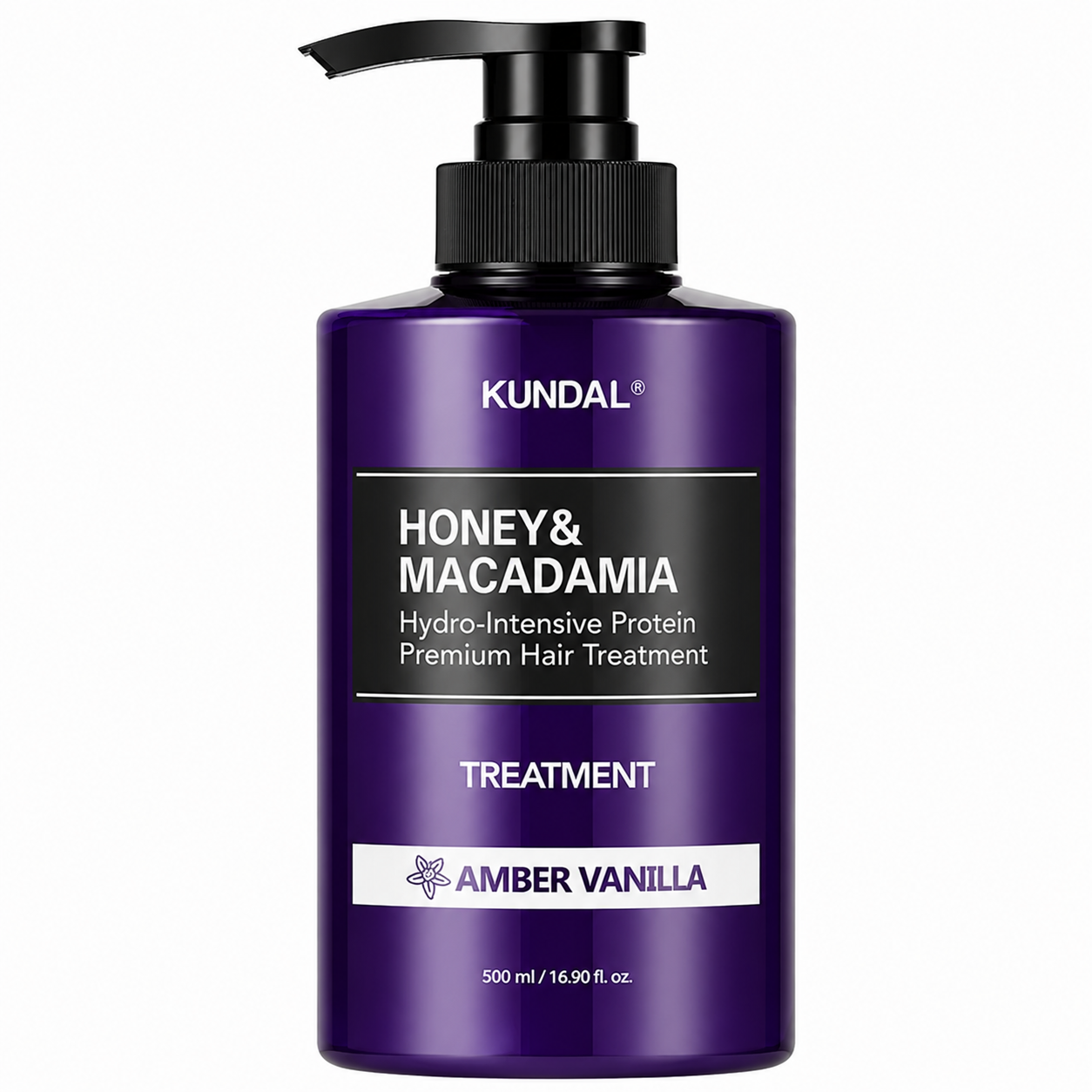 kundal honey & macadamia hydro-intensive protein premium hair treatment amber vanilla 500ml pump bottle on a white background