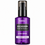 kundal macadamia damage care solution premium hair essential oil ultra serum amber vanilla 100ml bottle on a white background