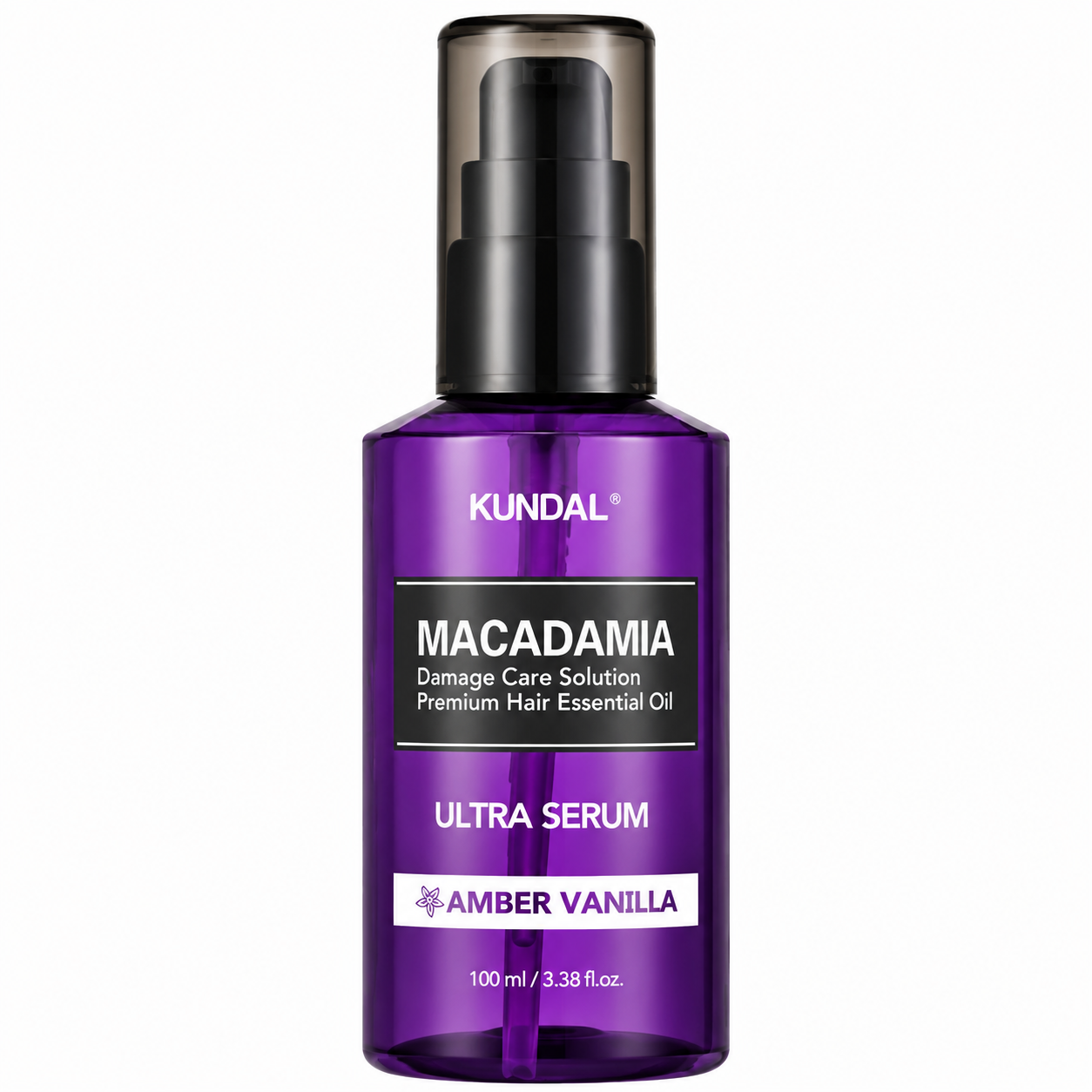 kundal macadamia damage care solution premium hair essential oil ultra serum amber vanilla 100ml bottle on a white background