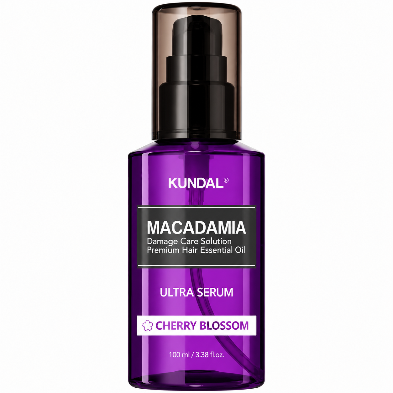 kundal macadamia damage care solution premium hair essential oil ultra serum cherry blossom 100ml bottle on a white background