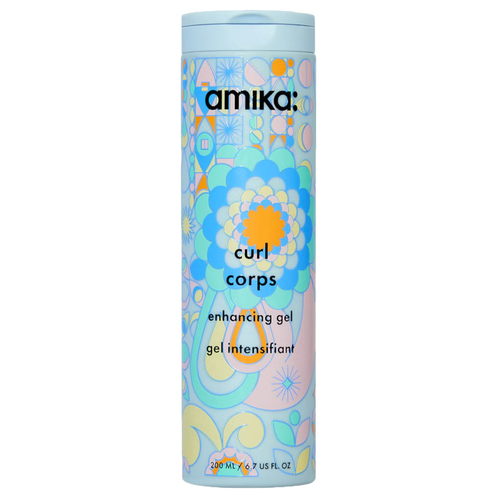 A bottle of Amika Curl Corps Enhancing Gel with a colorful pattern design.