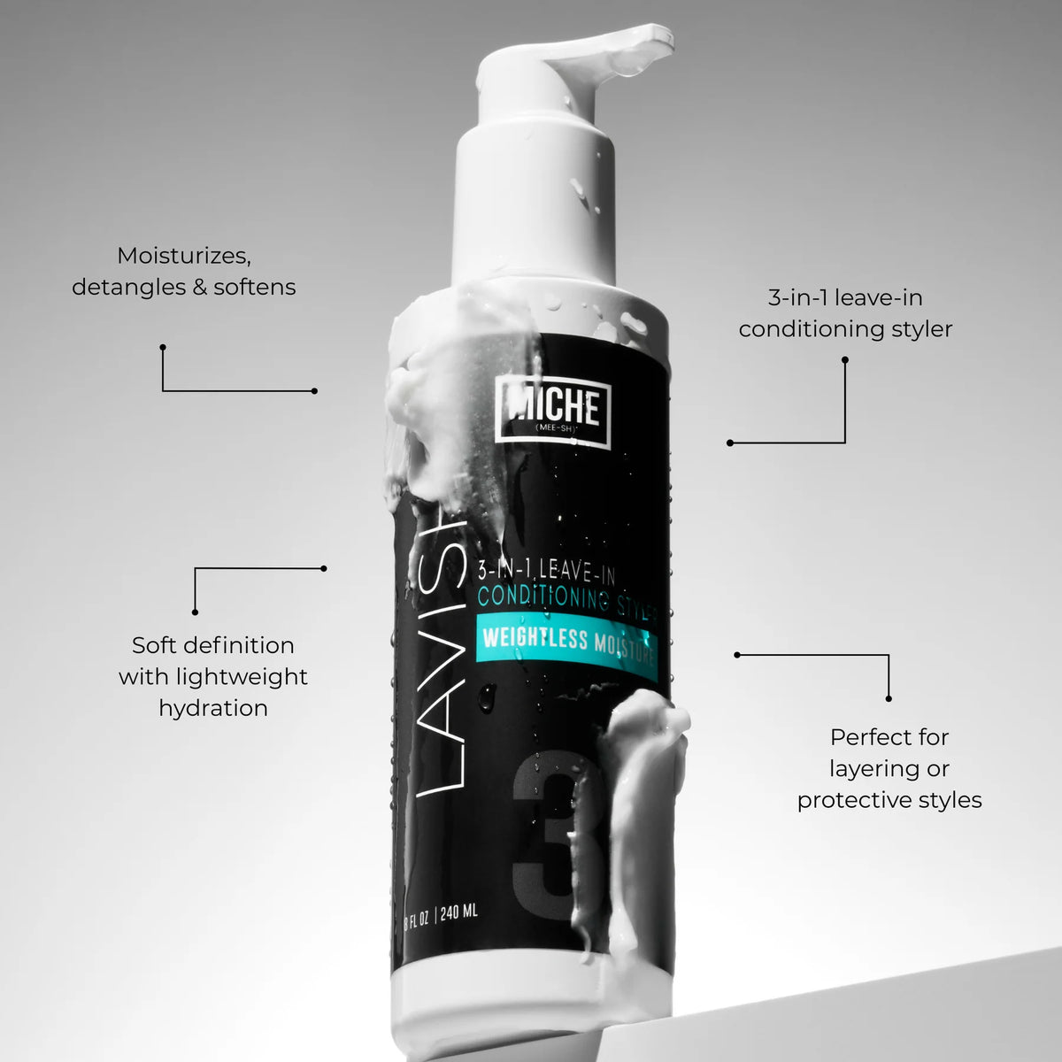 A pump bottle of Miche Leave-In Conditioning Styler with a black label and white pump, shown with white styling foam dripping from it. Text callouts around the bottle describe its moisturizing, detangling, and leave-in benefits.