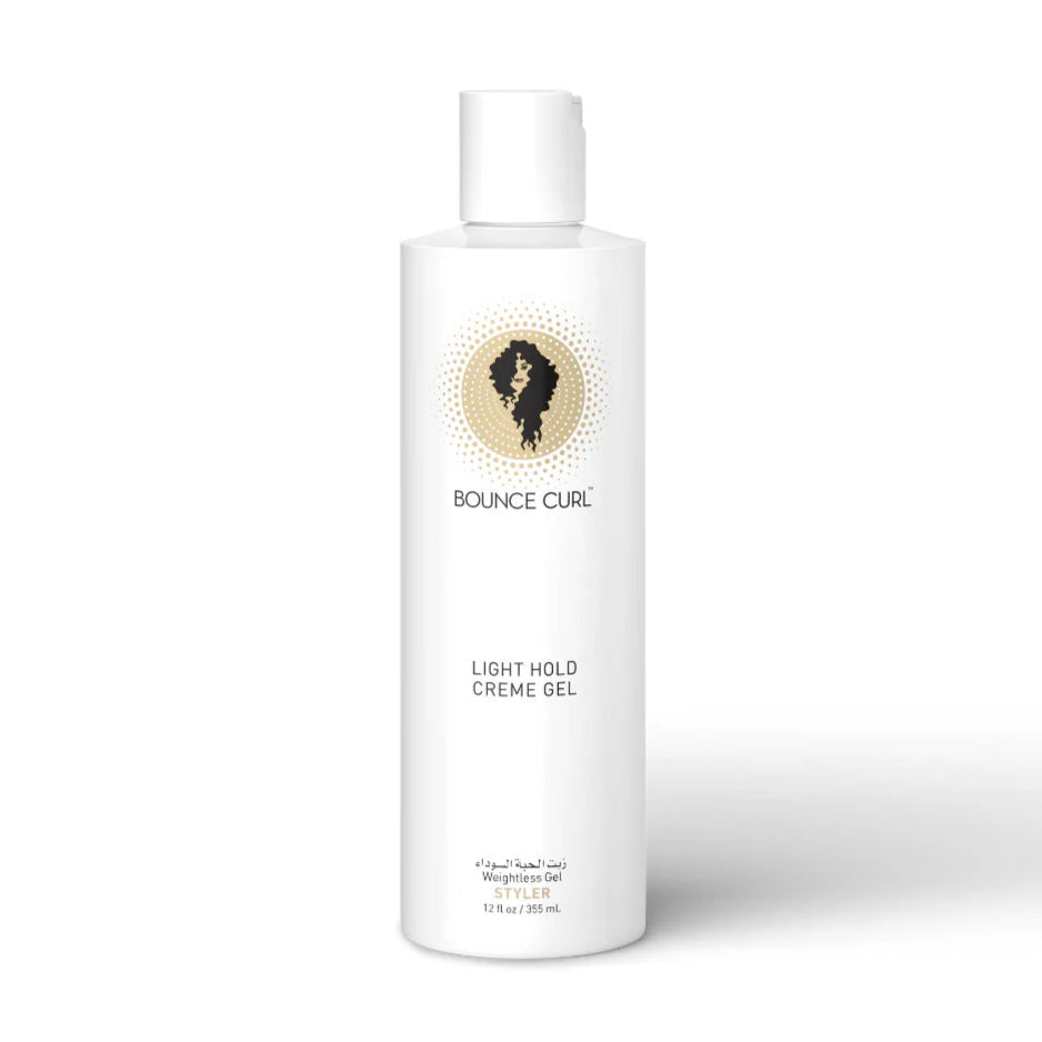 Bottle of Bounce Curl Light Hold Crème Gel on a white background