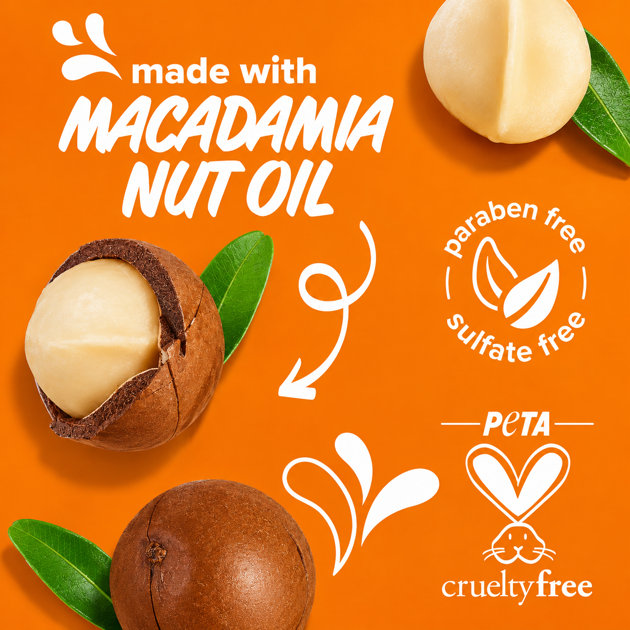 made with macadamia nut oil graphic featuring realistic macadamia nuts and green leaves on a bright orange background. the design highlights paraben free, sulfate free, and peta cruelty free claims with bold white typography and playful decorative graphics.