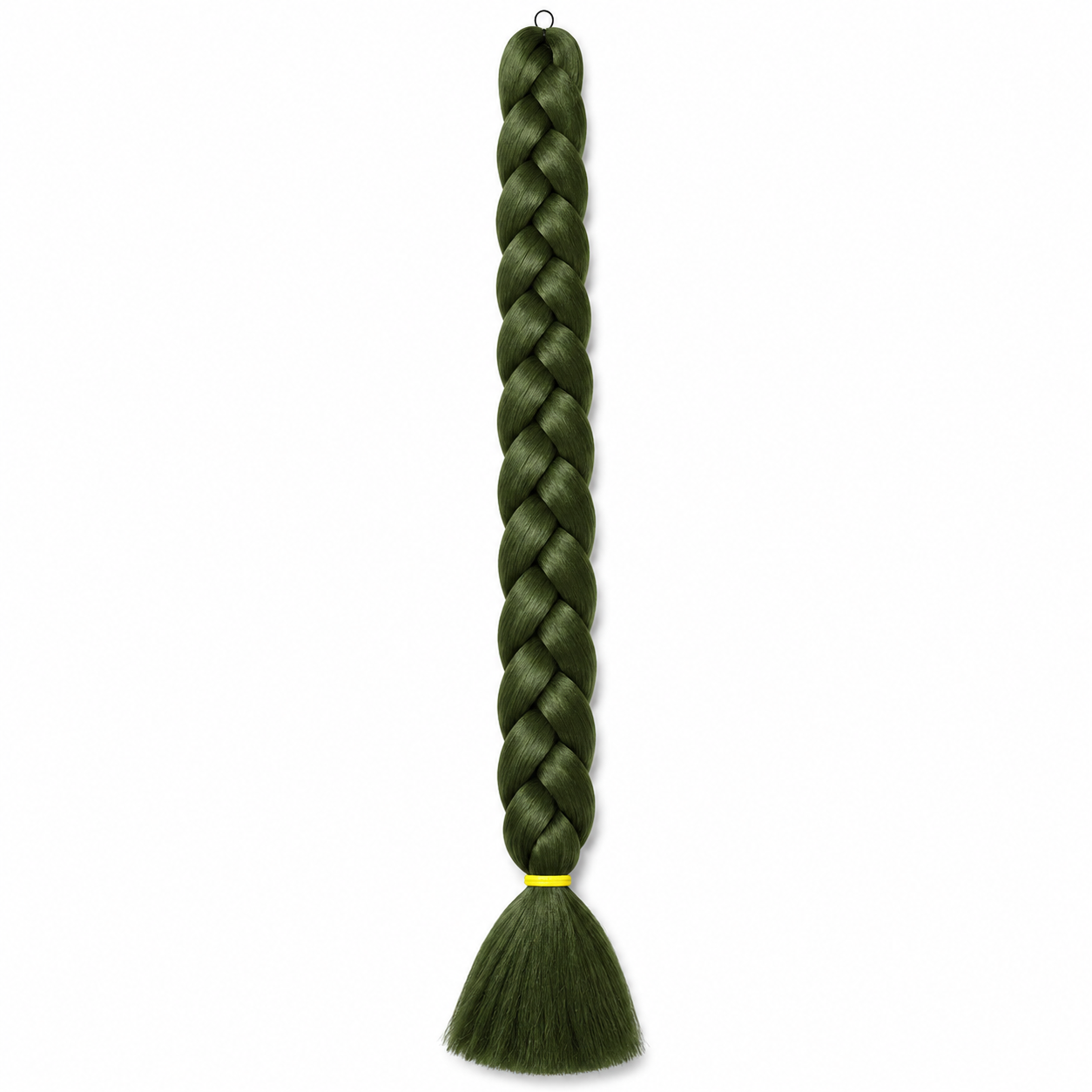 marsh long synthetic braiding hair extension in a neat three-strand braid with a smooth tassel end secured by a yellow elastic band, isolated on a clean white background